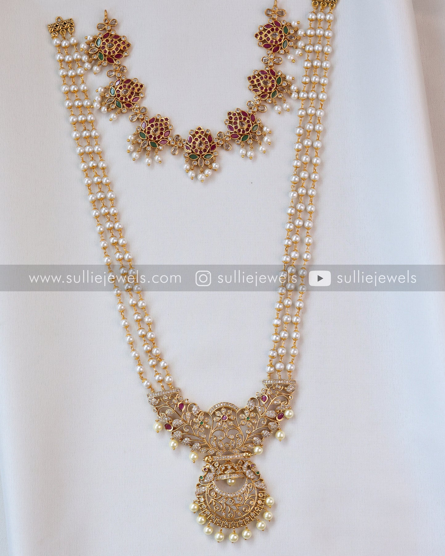 Combo - Kemp Lotus Necklace + Pearl Long Chain  + 2 Set Earrings