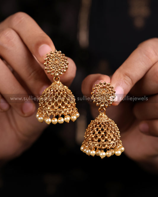 Gold Jhumka with Pearl drops