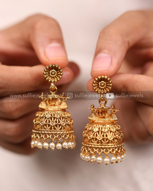 Antique Gold Jhumka with Pearl Drops