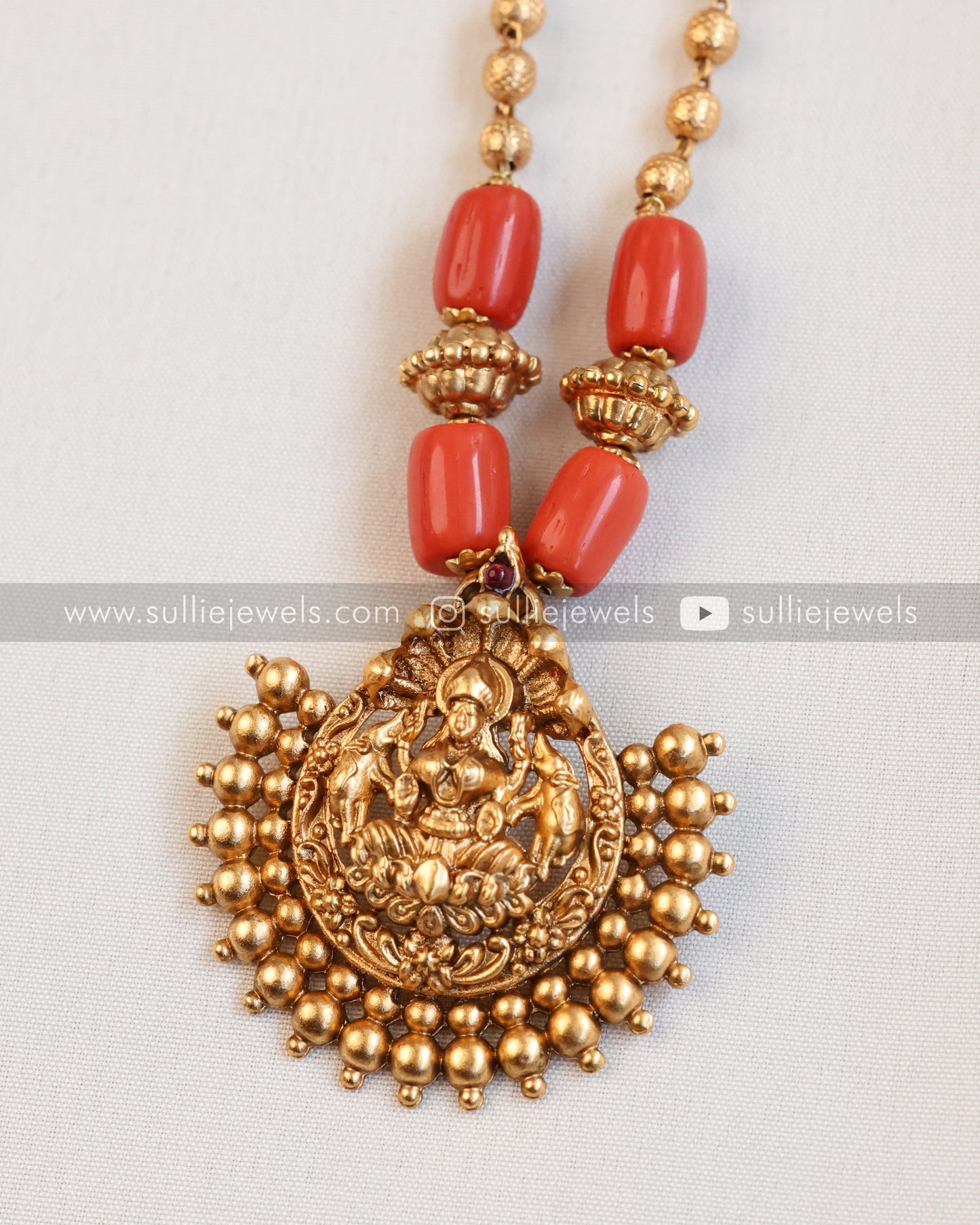 Lakshmi Pendant with Coral Chain and Stud