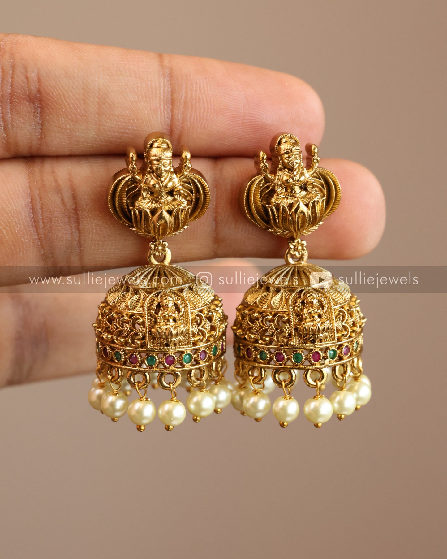 Lakshmi Detailed Pendant with Gold Chain and Jhumka