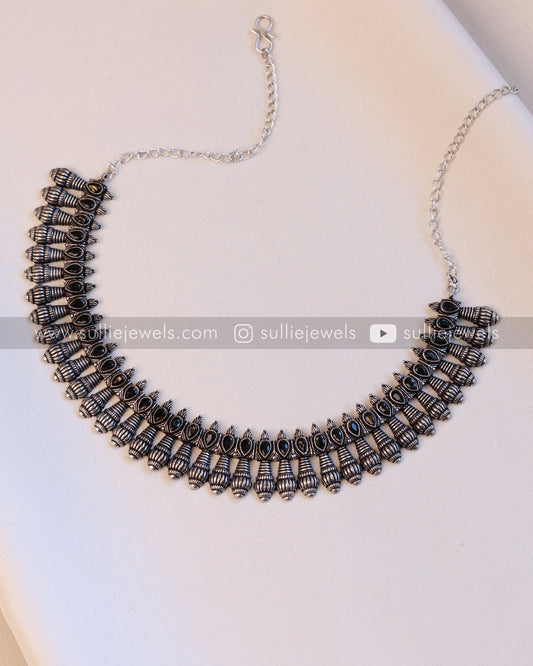 Black Stone Oxidised Necklace with Stud