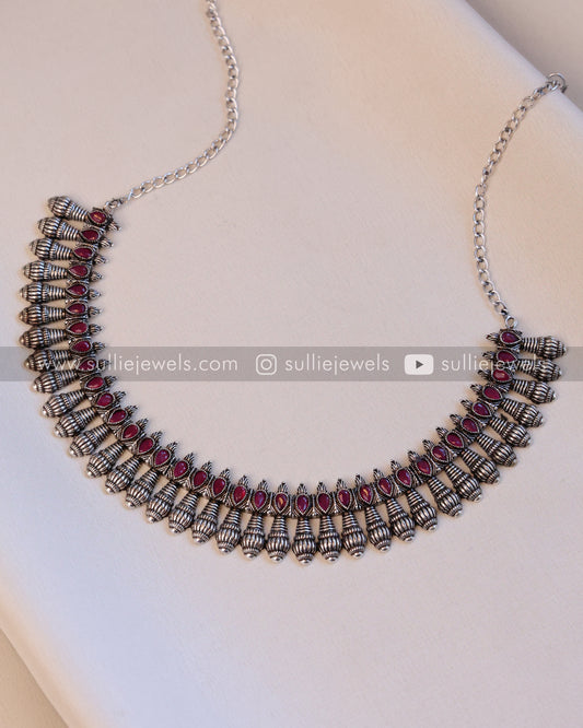 Pink Stone Oxidised Necklace with Stud