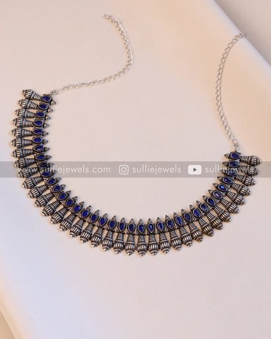 Blue Stone Oxidised Necklace with Stud