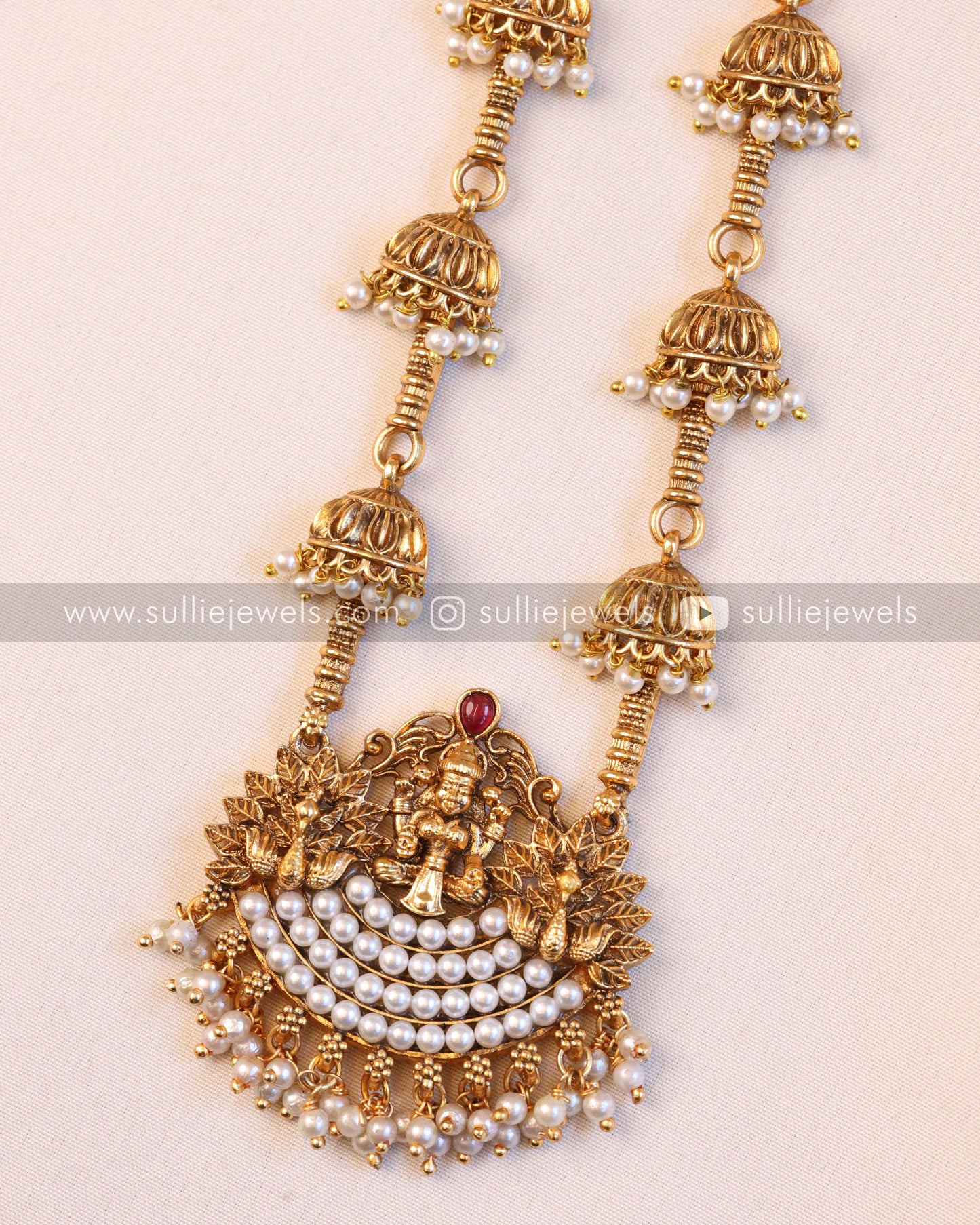 Lakshmi Pearl Pendant with Jhumka Chain and Ruby Jhumka