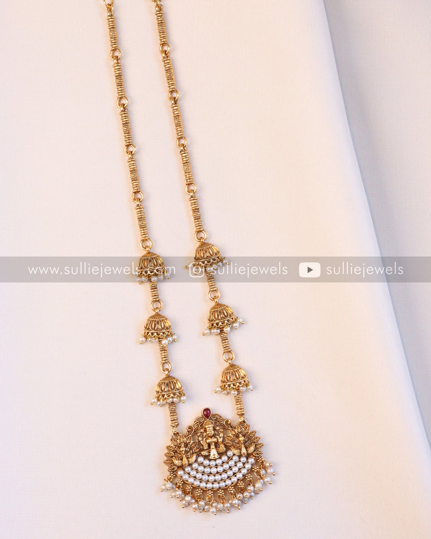 Lakshmi Pearl Pendant with Jhumka Chain and Ruby Jhumka