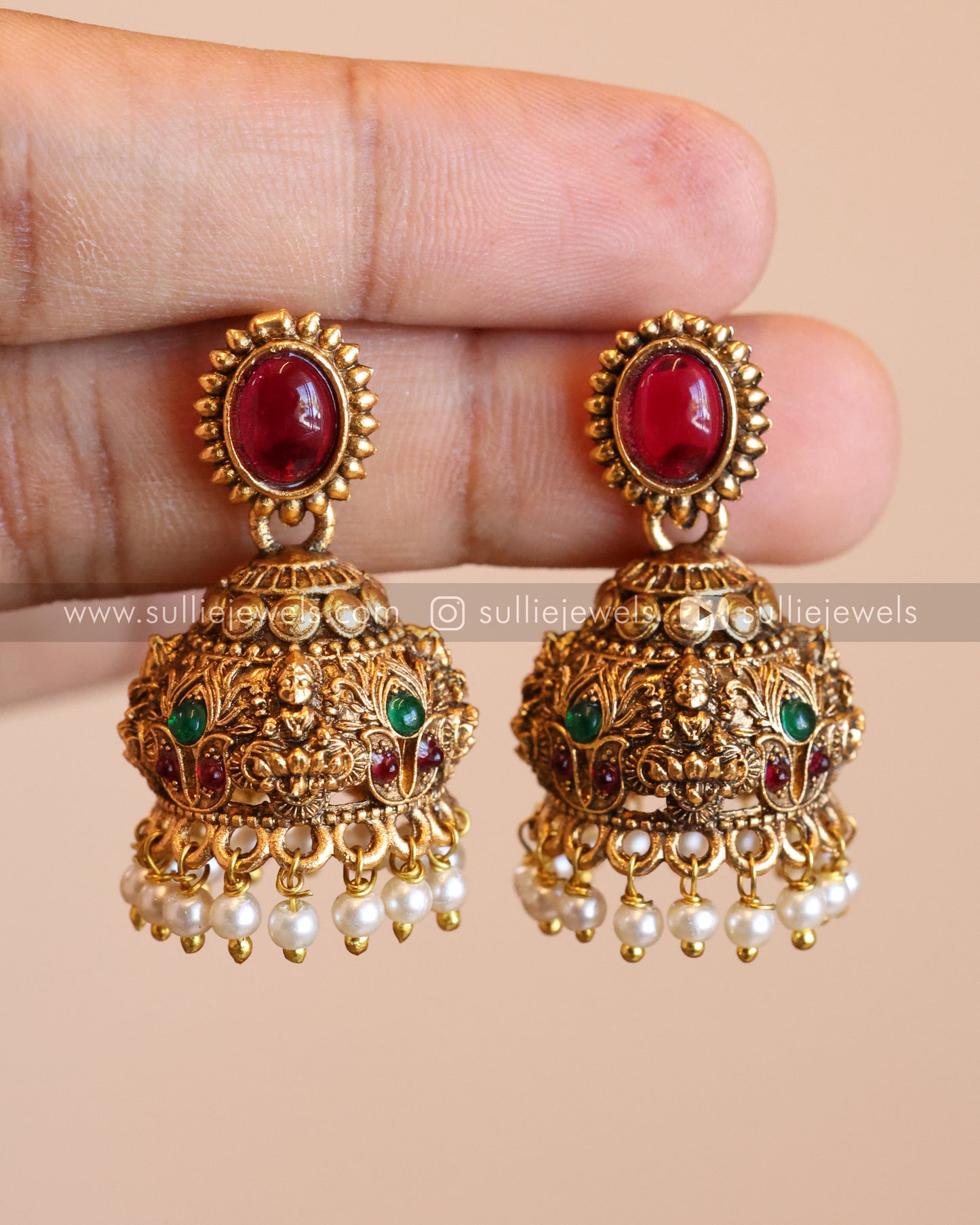 Lakshmi Pearl Pendant with Jhumka Chain and Ruby Jhumka