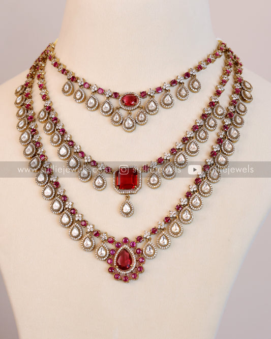 3 Layer Ruby Stone Necklace with Earring