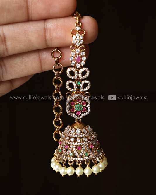 AD Ruby & Green Jhumka with Earchain / Maatti