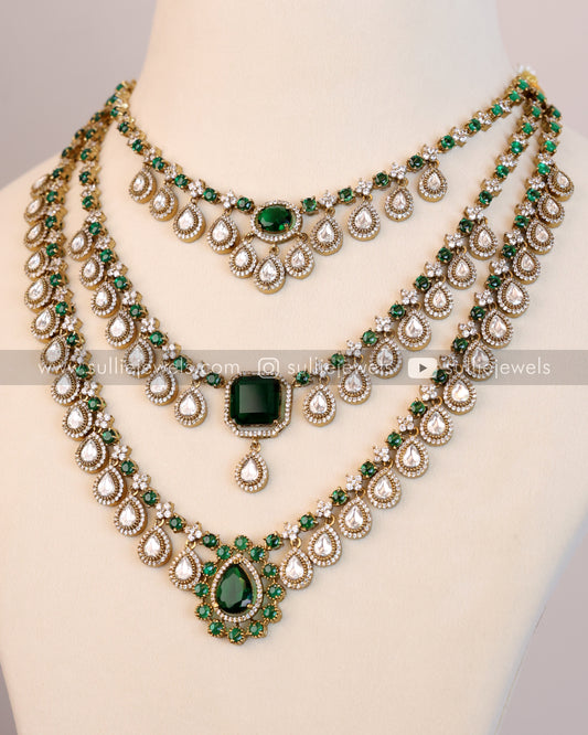 3 Layer Emerald Stone Necklace with Earring