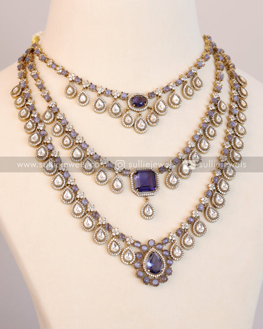 3 Layer Violet Stone Necklace with Earring