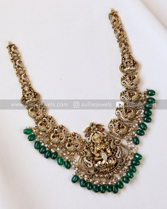 Premium Lakshmi Necklace with Jhumka ( Green Beads )