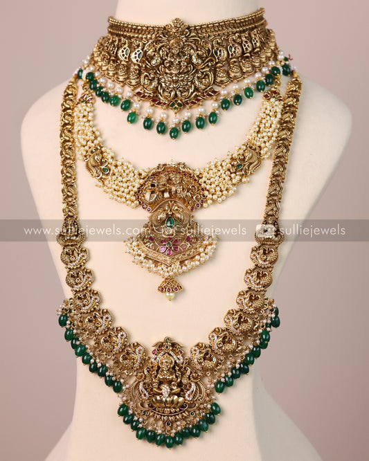 Goddess & Radha Krishna Bridal Combo - Pearl & Green Beads ( 5 piece )