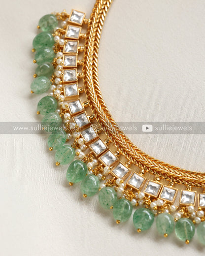 Premium Kundan Necklace - Mint beads with Earring