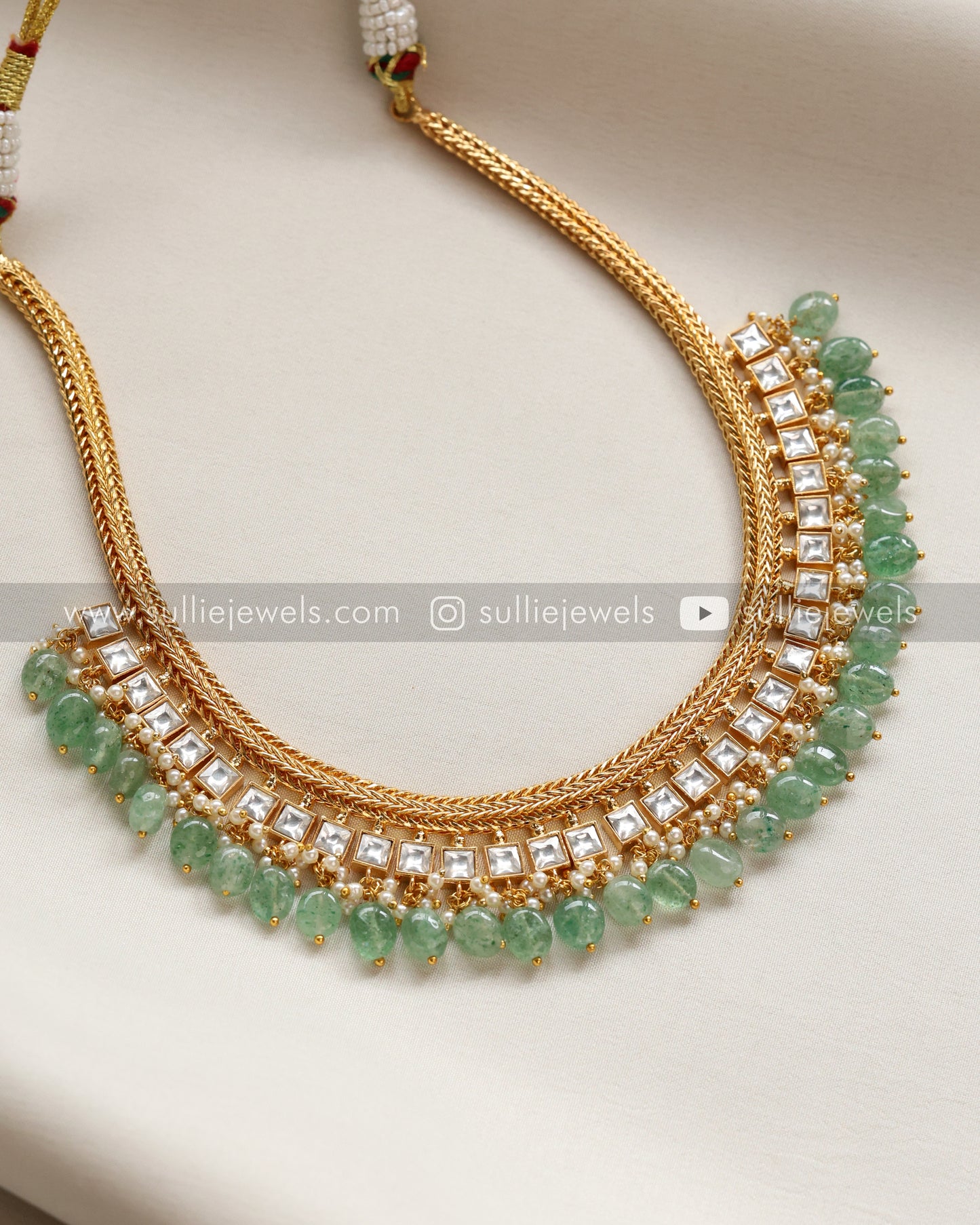 Premium Kundan Necklace - Mint beads with Earring