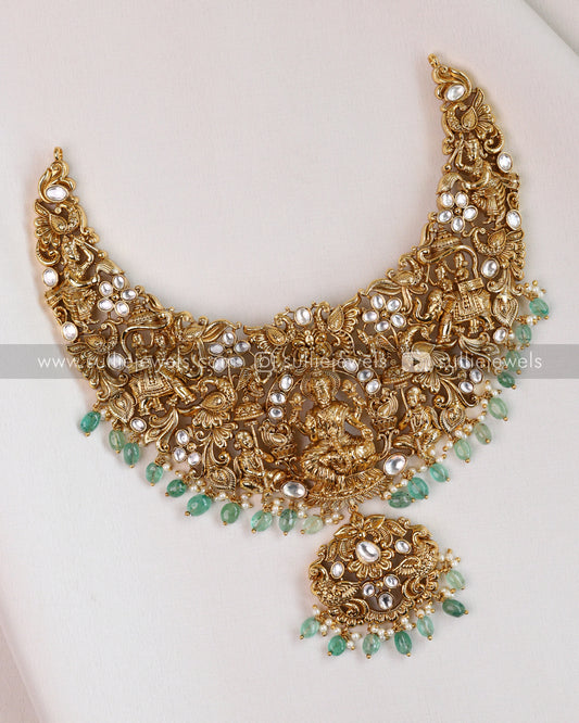 Lakshmi Premium Broad Necklace ( Mint Beads ) with Earring