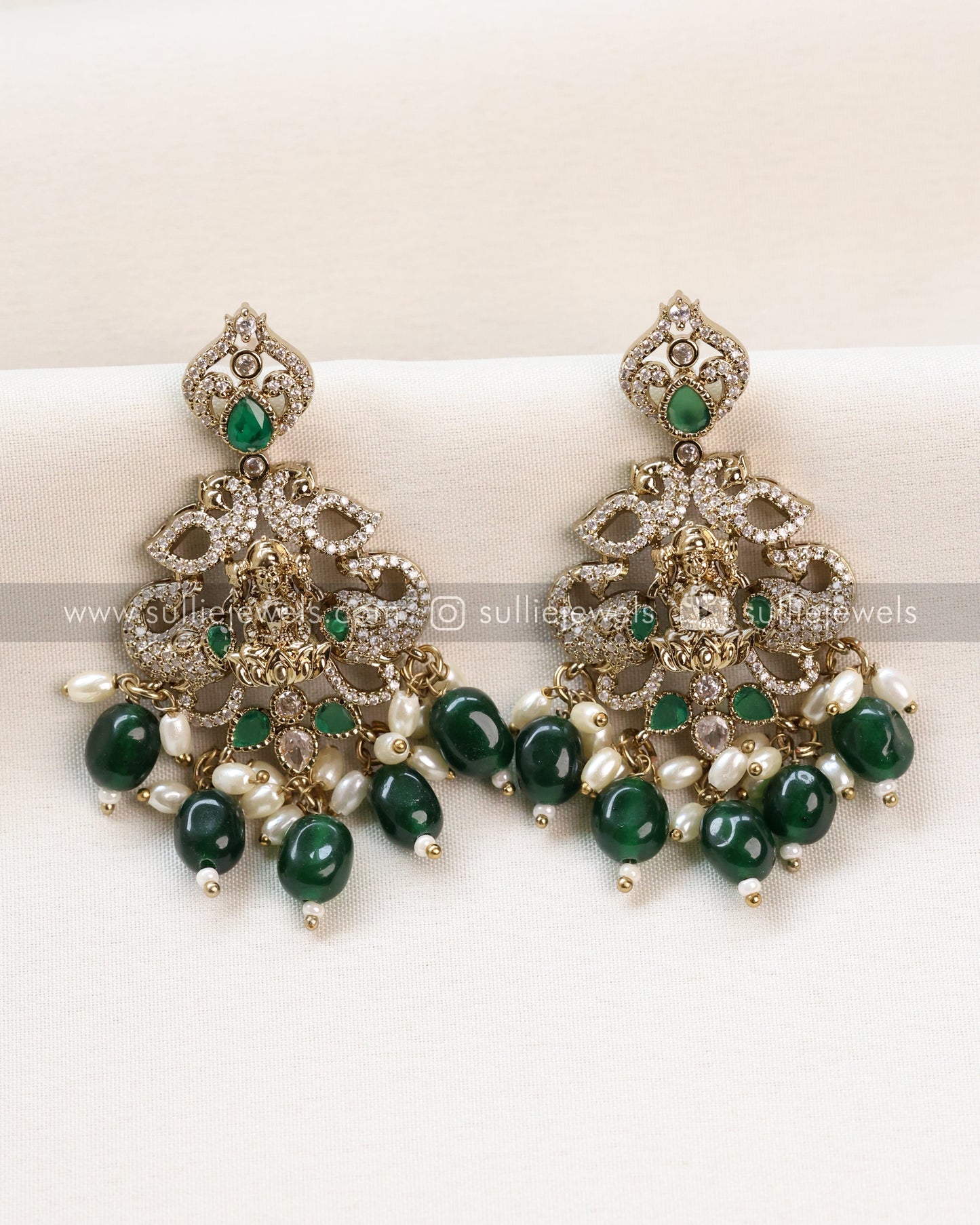 Lakshmi Stone Victorian Necklace with Earring - Green Beads