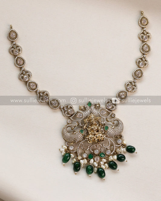 Lakshmi Stone Victorian Necklace with Earring - Green Beads