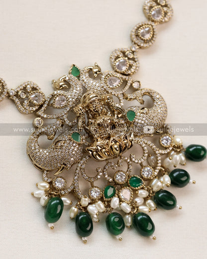 Lakshmi Stone Victorian Necklace with Earring - Green Beads