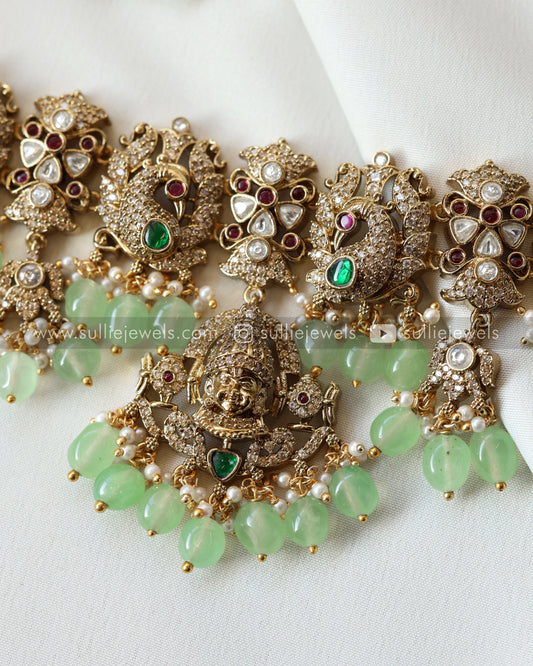 Victorian Venkateshwara Mint Beads Choker with Earrings