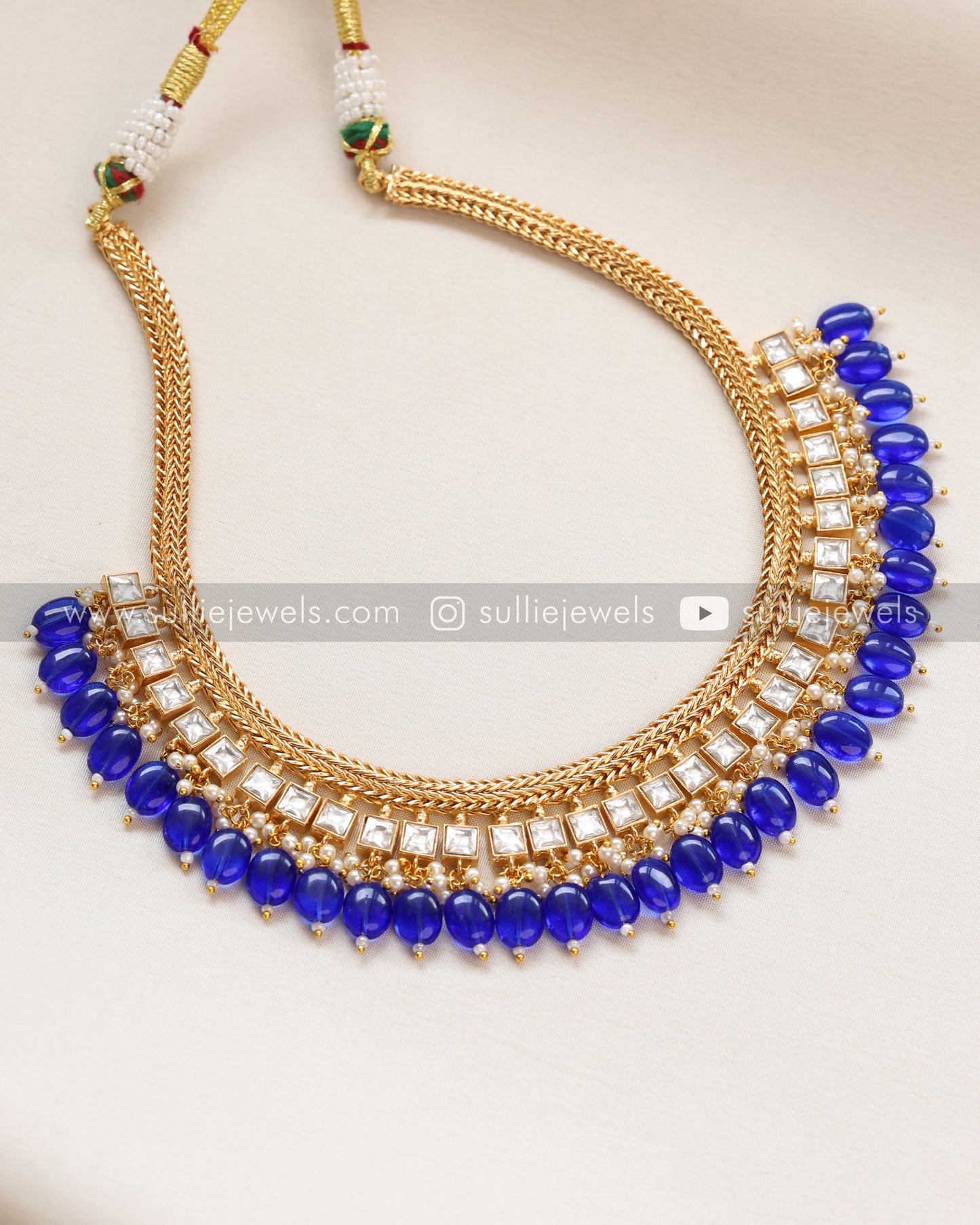 Premium Kundan Necklace - Blue beads with Earring