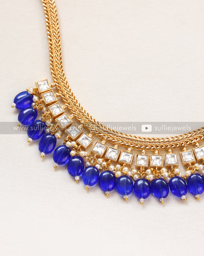 Premium Kundan Necklace - Blue beads with Earring