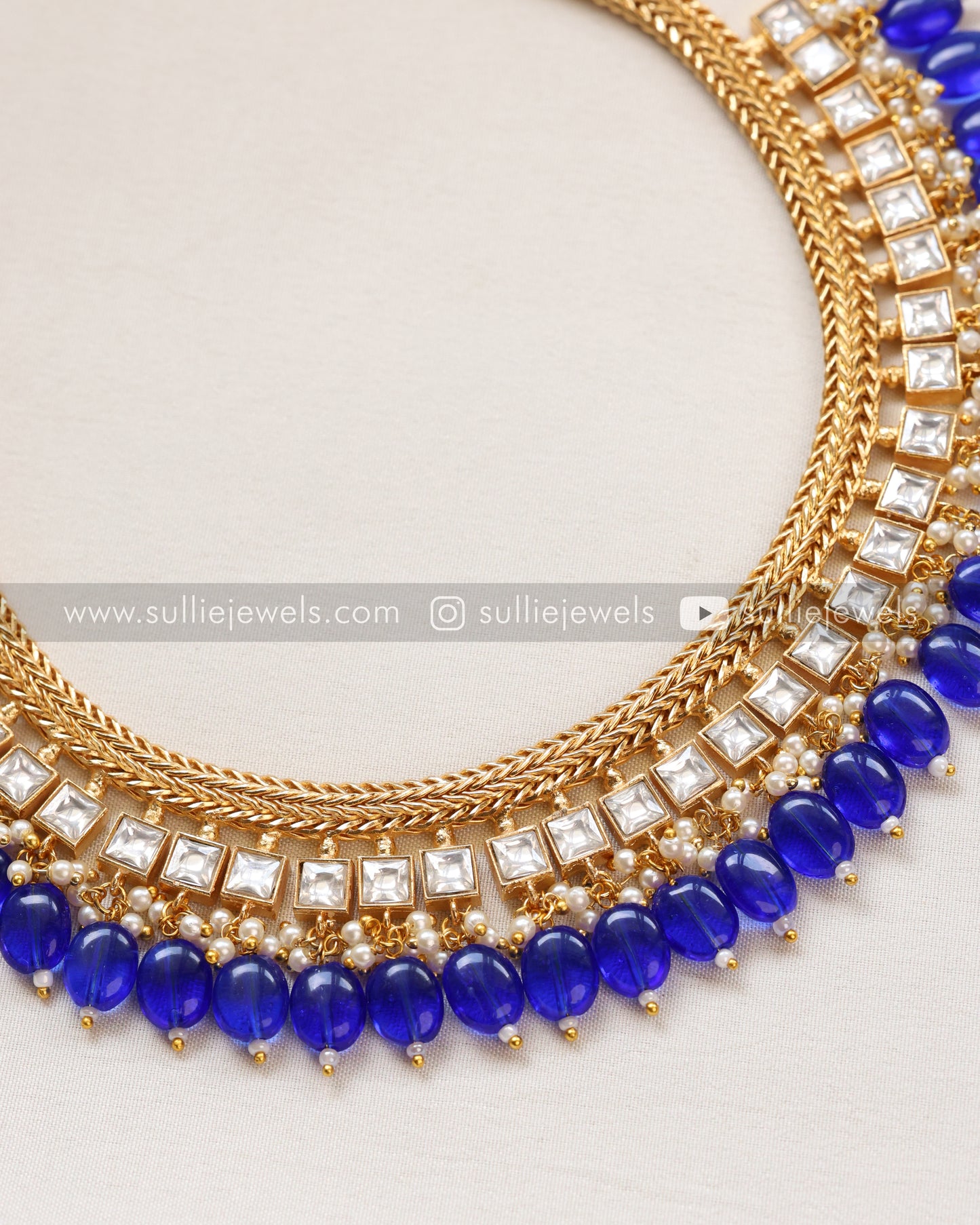 Premium Kundan Necklace - Blue beads with Earring