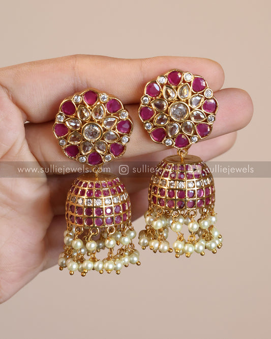 Ruby Stone Jhumka with Pearl drops