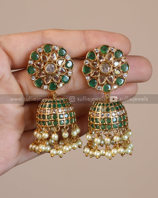 Emerald Stone Jhumka with Pearl drops