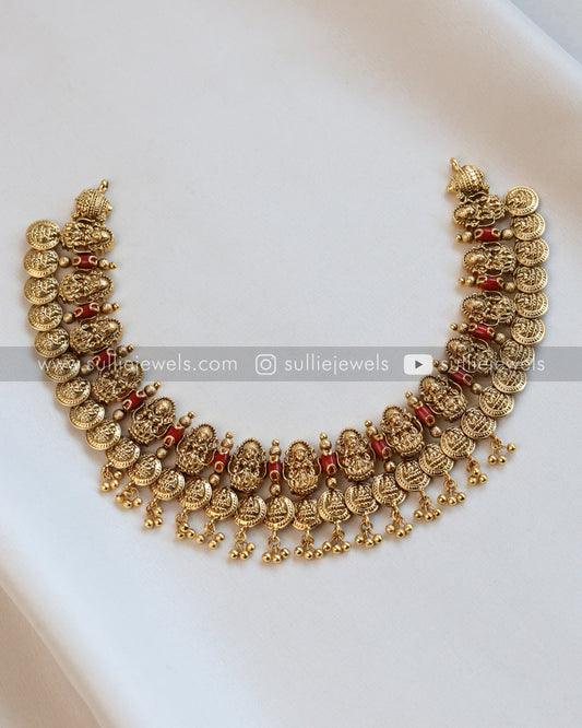 Lakshmi Coral Stone Premium Coin Necklace with Stud