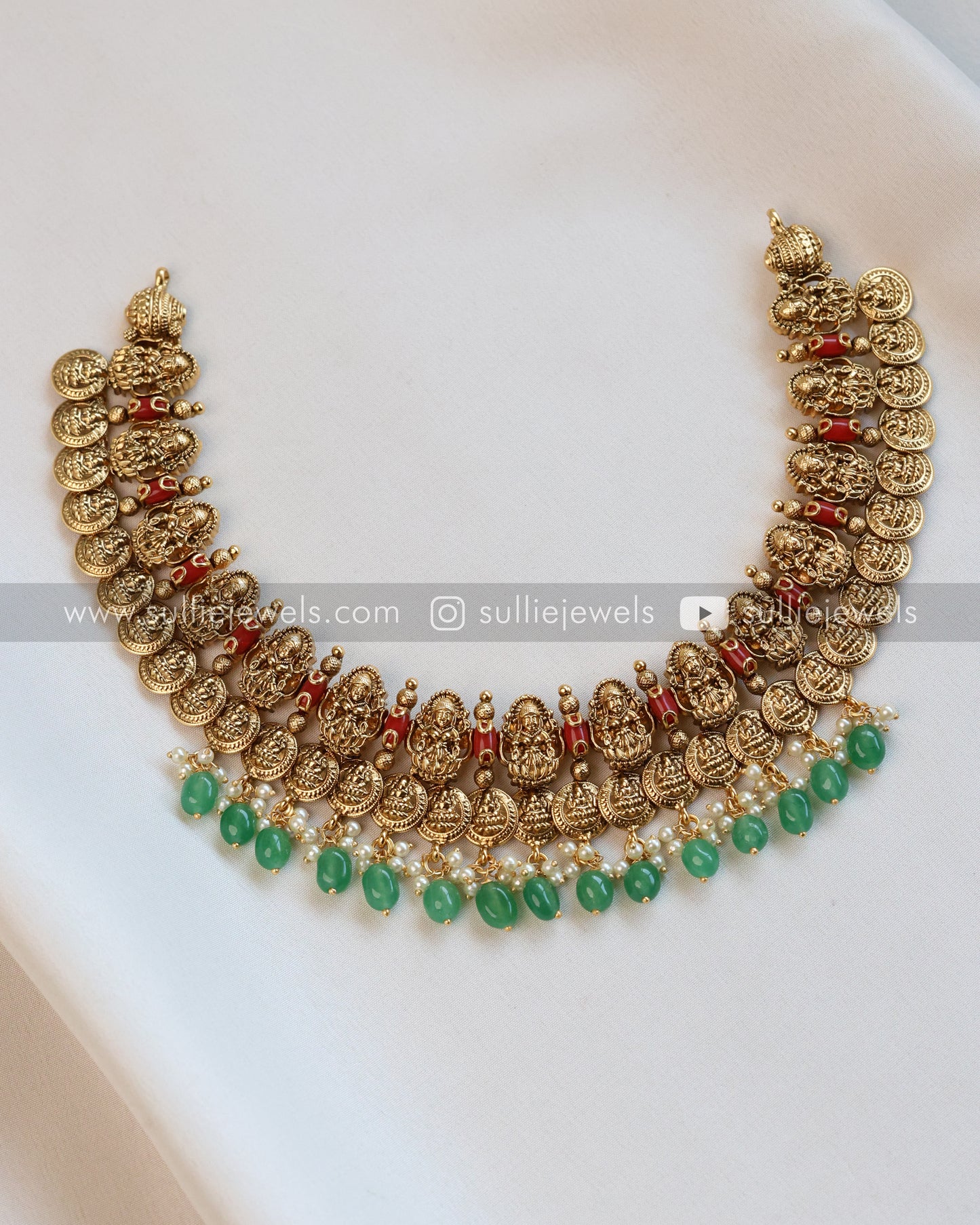 Lakshmi Coral Stone Premium Coin Necklace with Stud - Mint Beads