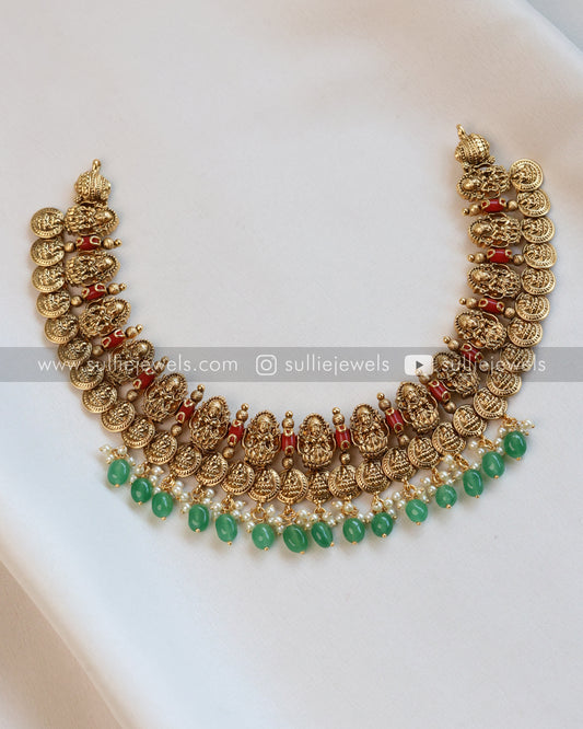 Lakshmi Coral Stone Premium Coin Necklace with Stud - Mint Beads