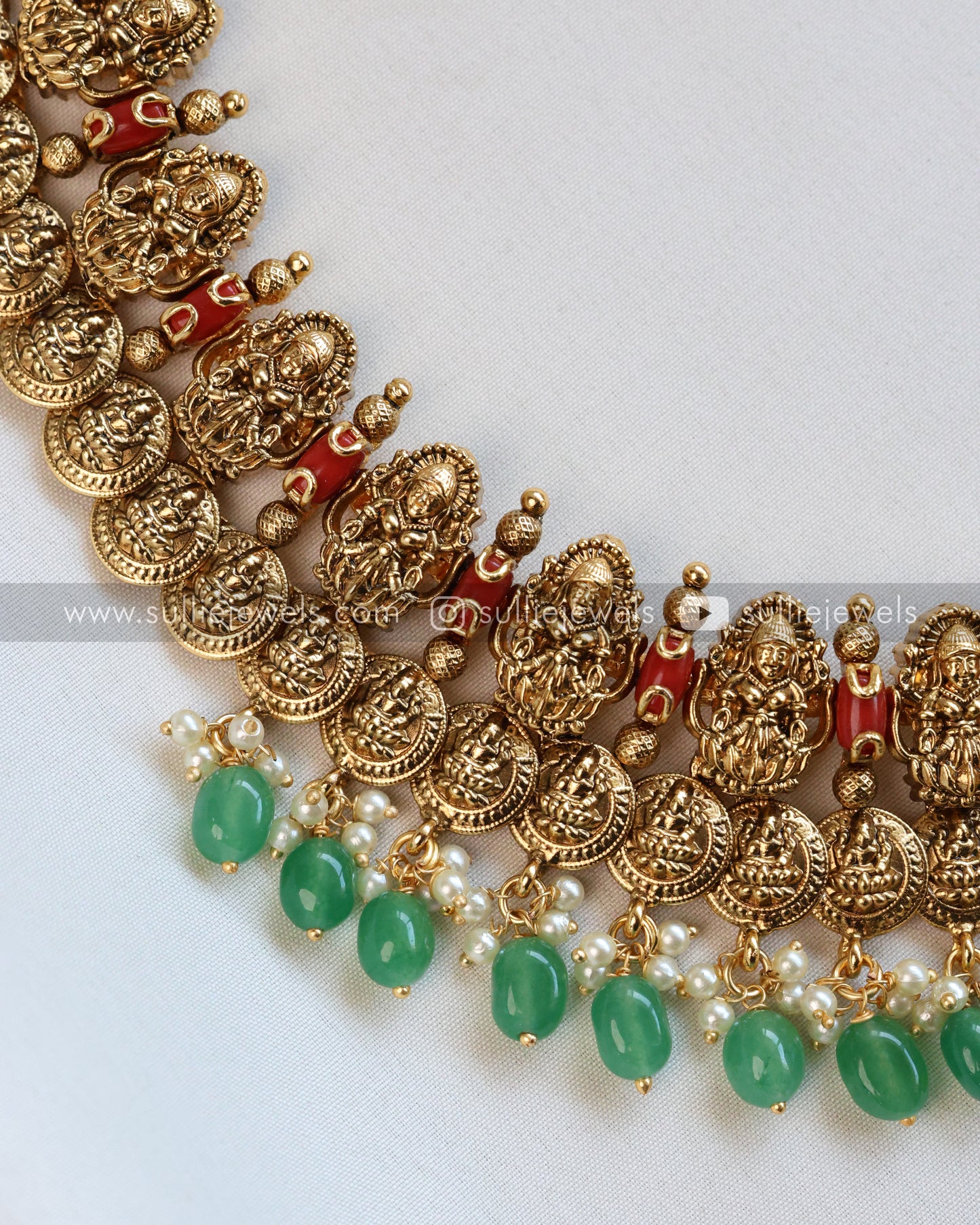 Lakshmi Coral Stone Premium Coin Necklace with Stud - Mint Beads