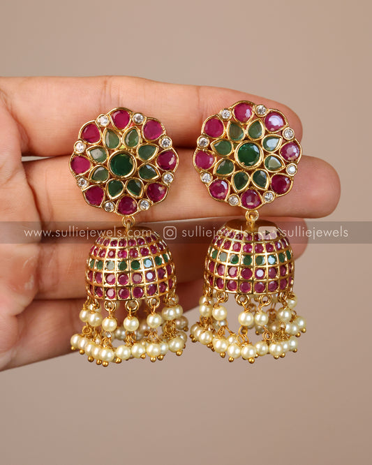 Red & Green Stone Jhumka with Pearl drops