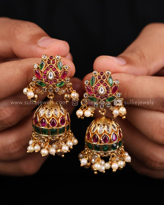 Premium Kemp Lotus Jhumka with Pearl drops