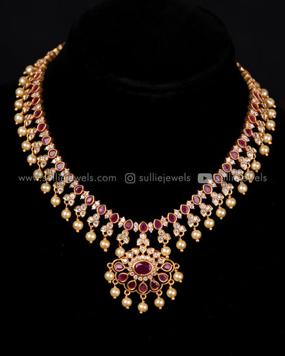 Ruby Stone Necklace Set with Pearl drops