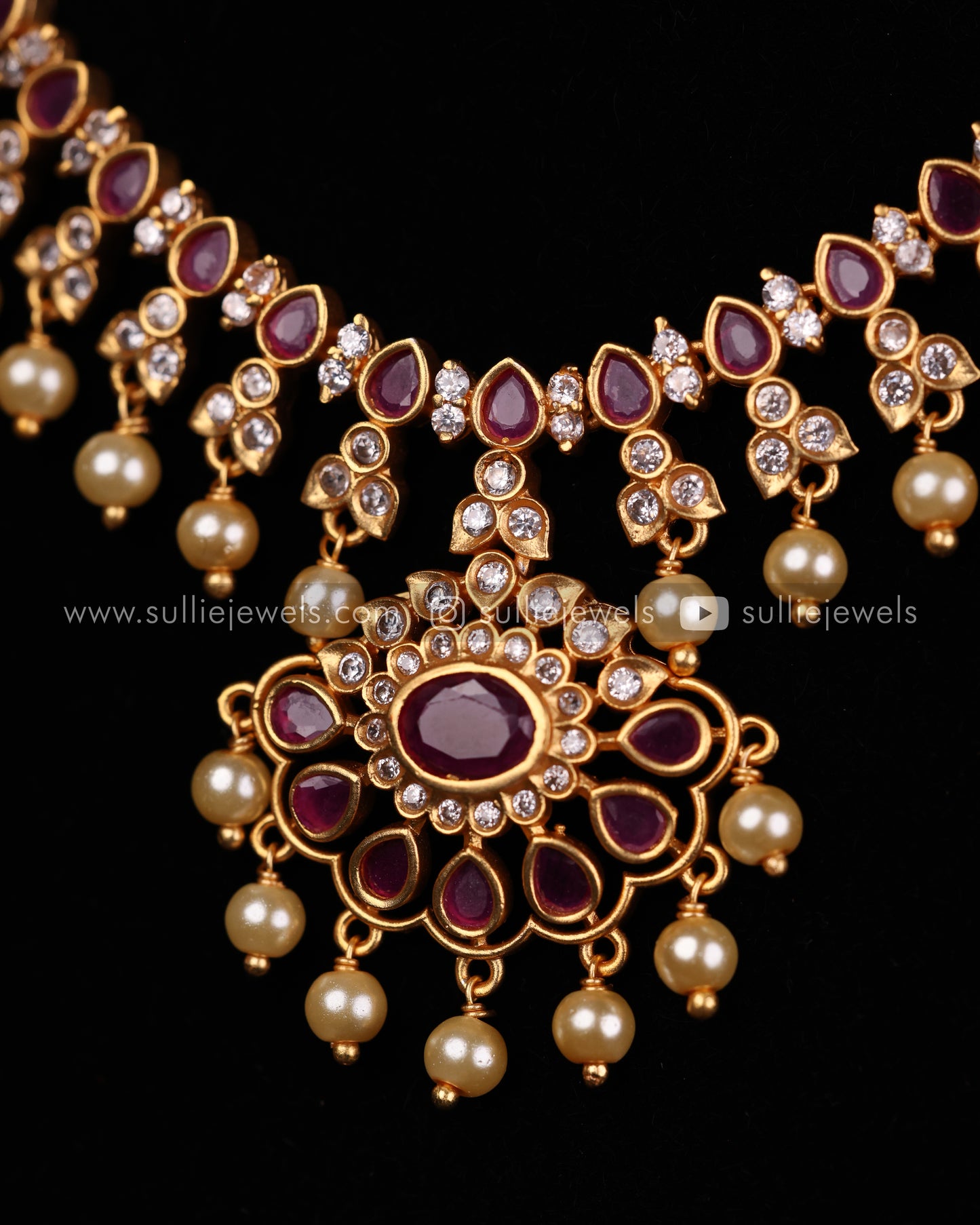 Ruby Stone Necklace Set with Pearl drops