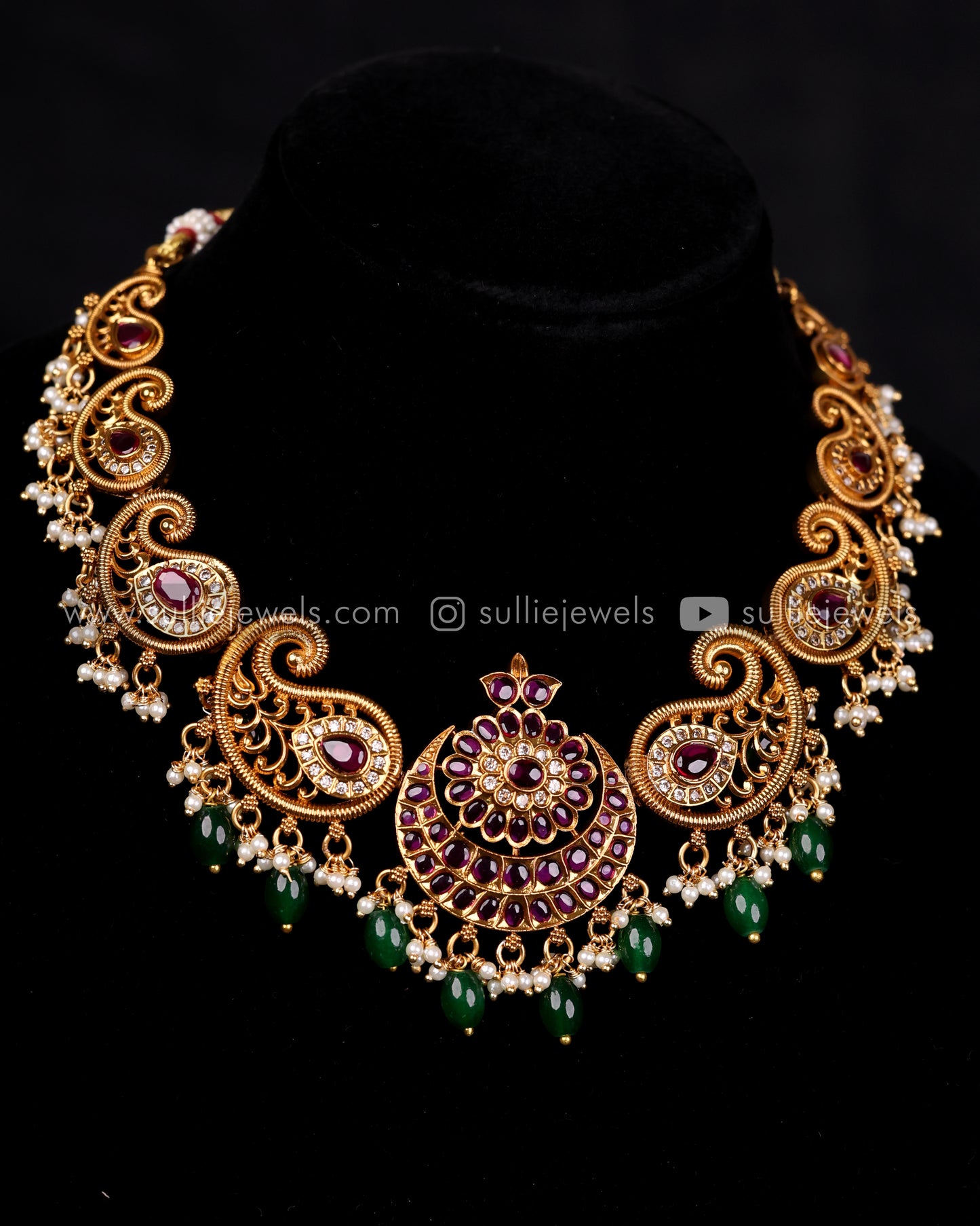 Chandbali Necklace Set with Green Stone Drops