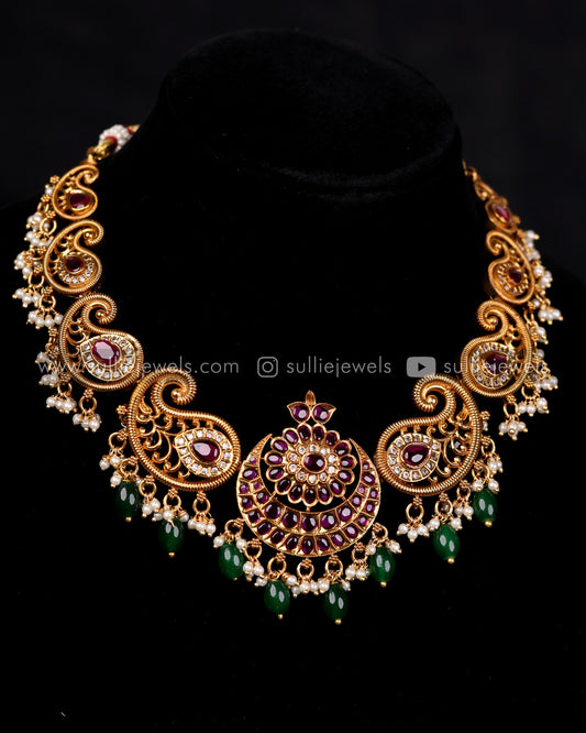 Chandbali Necklace Set with Green Stone Drops