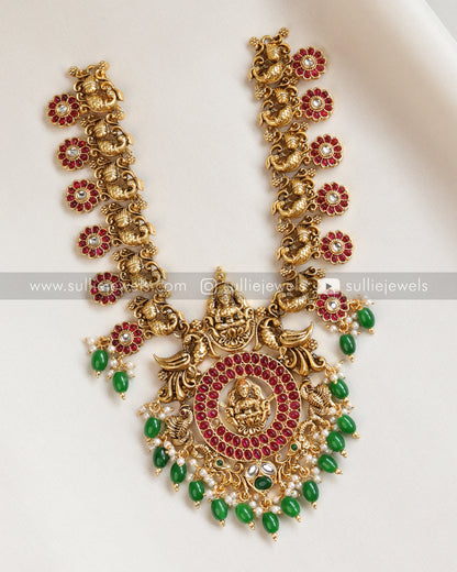 Chakra Kemp Premium Lakshmi Necklace with Earring - Green Beads