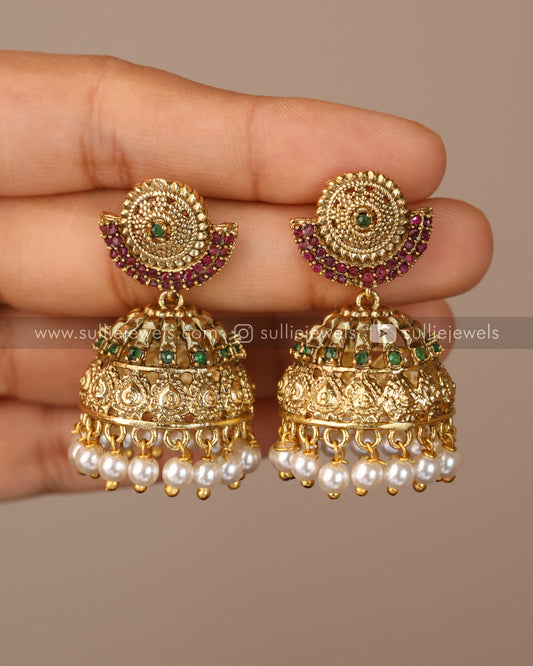 Stone Gold Jhumka with Pearl Drops