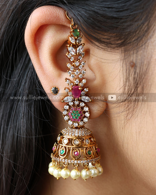 AD Ruby & Green Jhumka with Earchain / Maatti