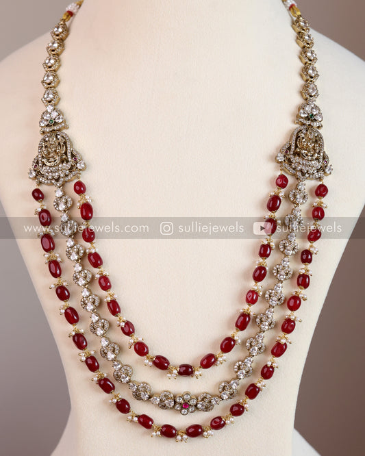 Moissanite & Ruby Beaded Lakshmi Premium Victorian 3 Layer Long Chain / Haram with Earring