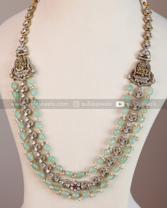 Moissanite & Mint Beaded Lakshmi Premium Victorian 3 Layer Long Chain / Haram with Earring