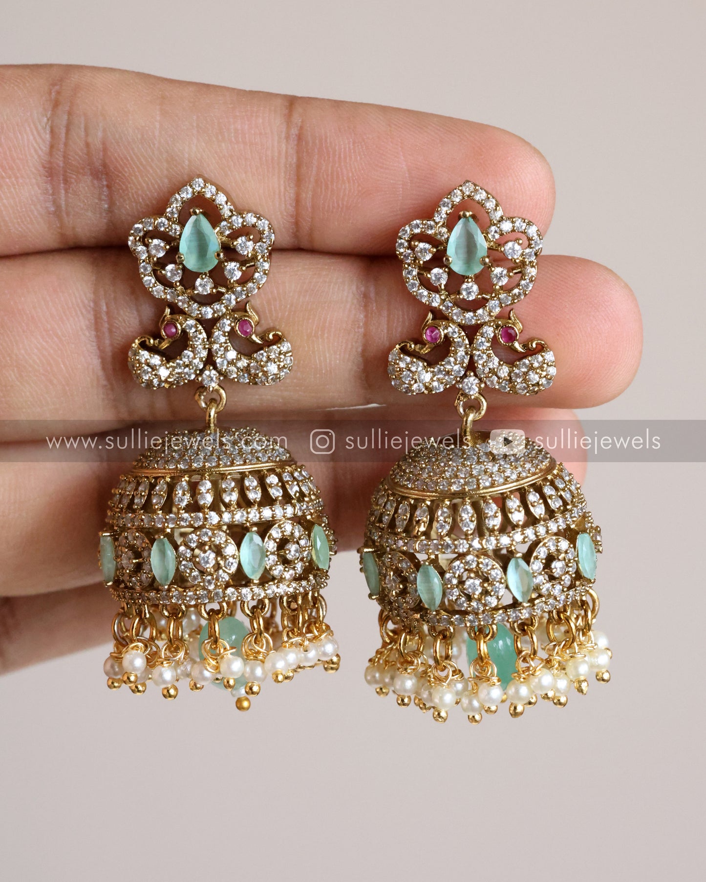 Premium AD Pastel Jhumka with Pearl hangings