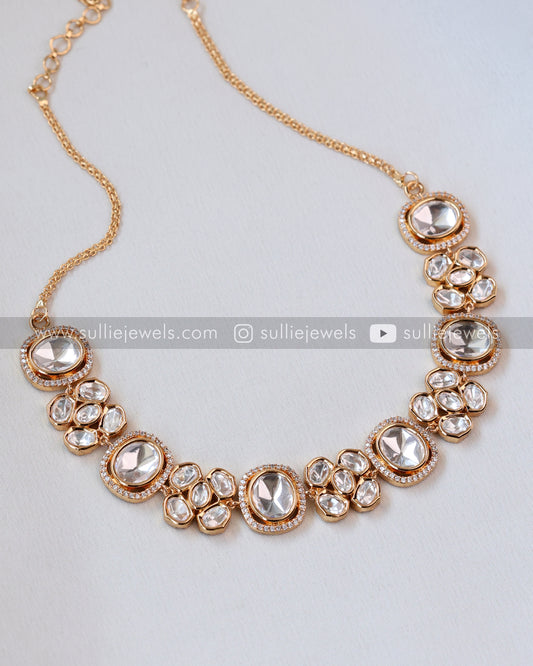 Kundan Polki Necklace with Earrings in Rose gold finish