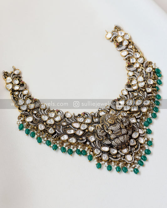 Victorian Kundan Nagas Necklace with Green Beads