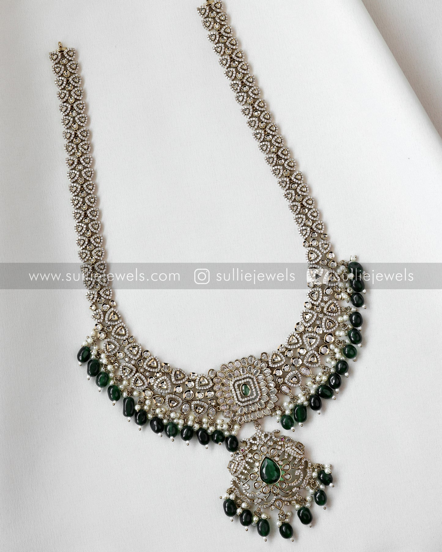 Victorian Diamond Long Chain with Green beads Set