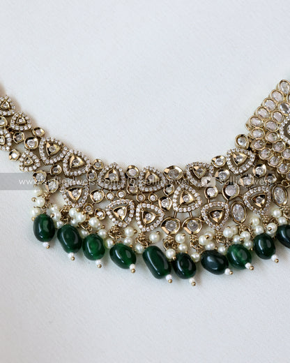 Victorian Diamond Long Chain with Green beads Set