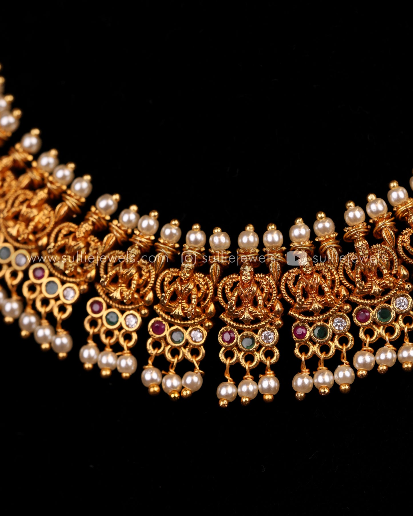 Detailed Lakshmi Design with Pearl drops Necklace Set